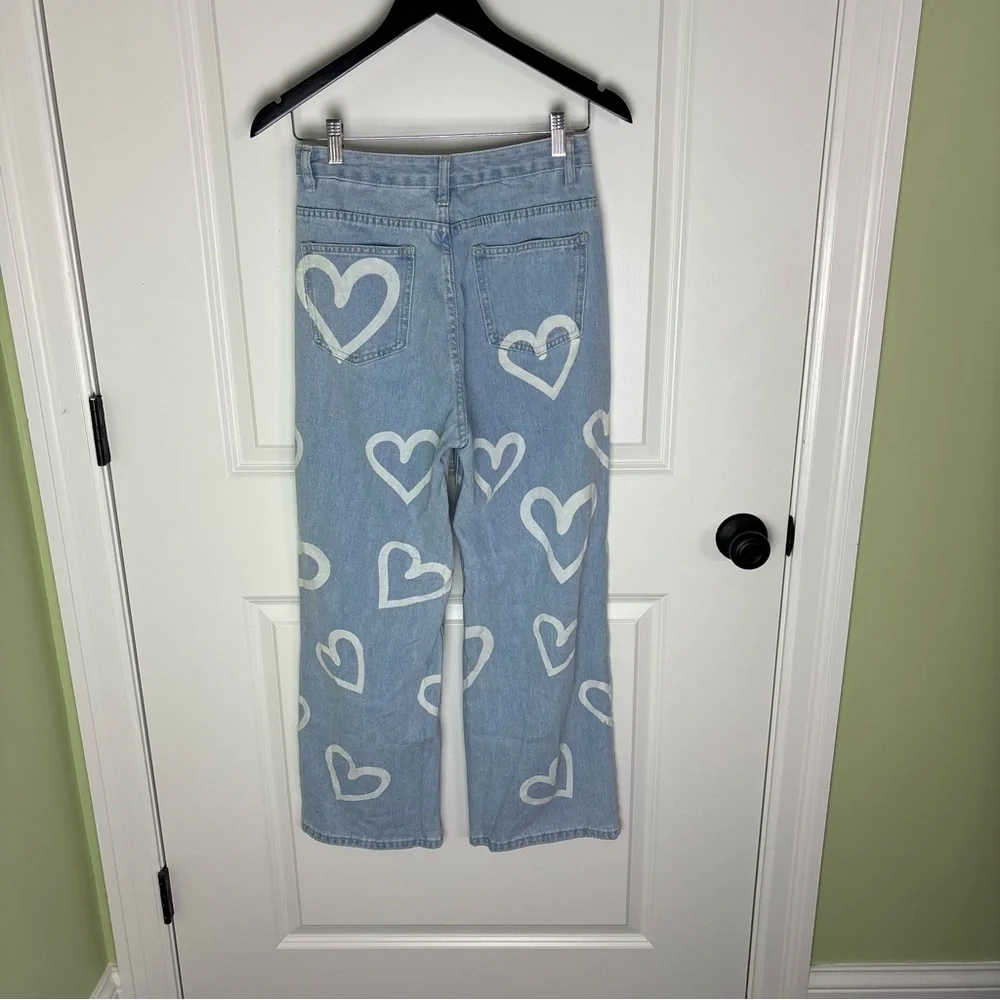 SHEIN Light Blue Heart Print Wide-Leg Jeans - Picture 2 of 7